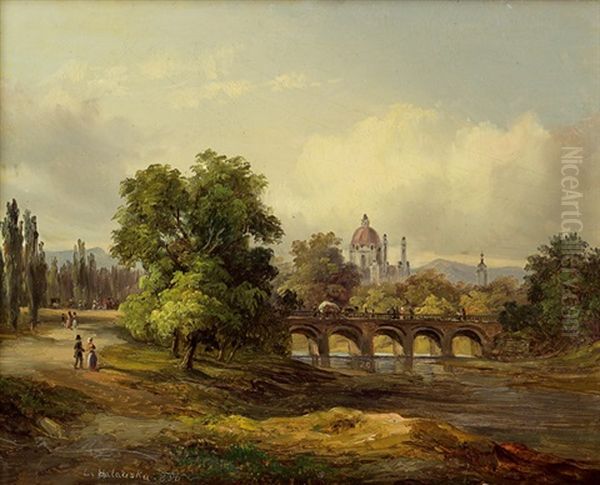 Karlskirche Mit Der Alten Elisabethbrucke Uber Den Wienfluss Oil Painting by Ludwig Halauska