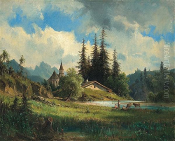 Eine Landschaft In Tirol Oil Painting by Ludwig Halauska
