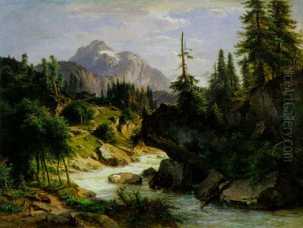 Gebirgslandschaft Mit Wildbach Oil Painting by Ludwig Halauska