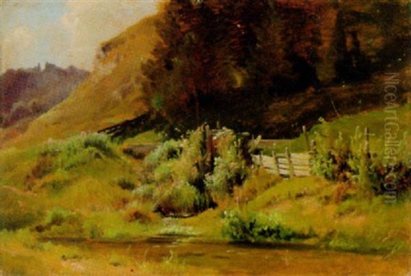 Landschaft Mit Kleinem Teich Im Vordergrund Oil Painting by Ludwig Halauska