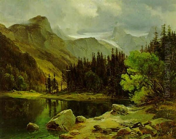 Blick Auf Den Wolkenverhangenen Dachstein Oil Painting by Ludwig Halauska