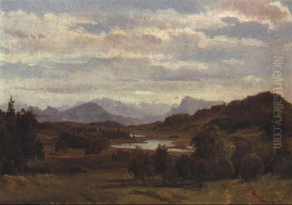 Seenlandschaft Mit Gebirgszug Im Hintergrund (reschensee?) Oil Painting by Ludwig Halauska