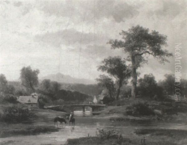 Landscape With Rider Watering Horses Oil Painting by Ludwig Halauska