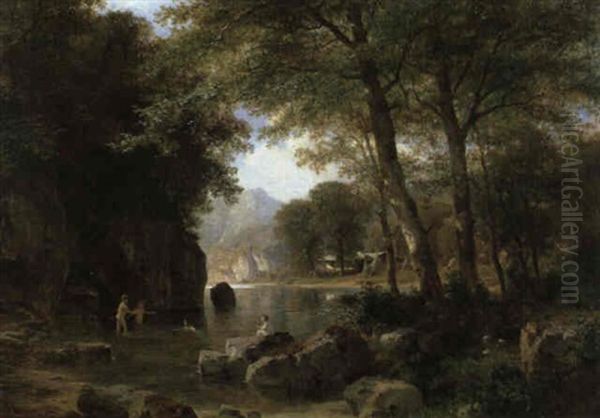 Badende Am Seeufer Oil Painting by Ludwig Halauska