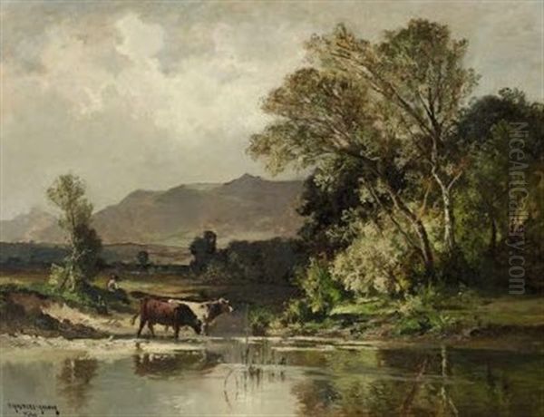 Kuhe Am Wasser Oil Painting by Fritz Halberg-Krauss