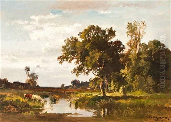 Landscape With Cattle At A Watercourse Oil Painting by Fritz Halberg-Krauss