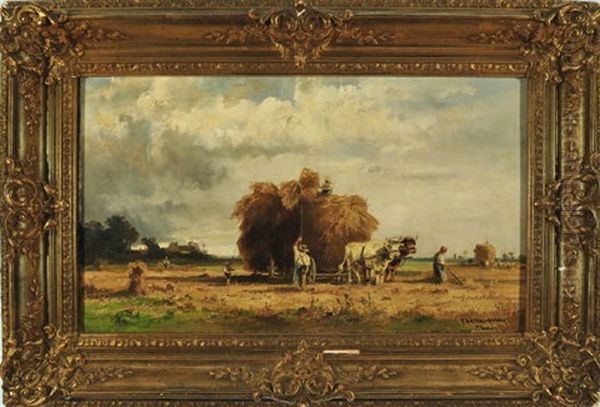 Landschaft Mit Bauern Bei Der Heuernte Bei Aufkommendem Gewitter Oil Painting by Fritz Halberg-Krauss