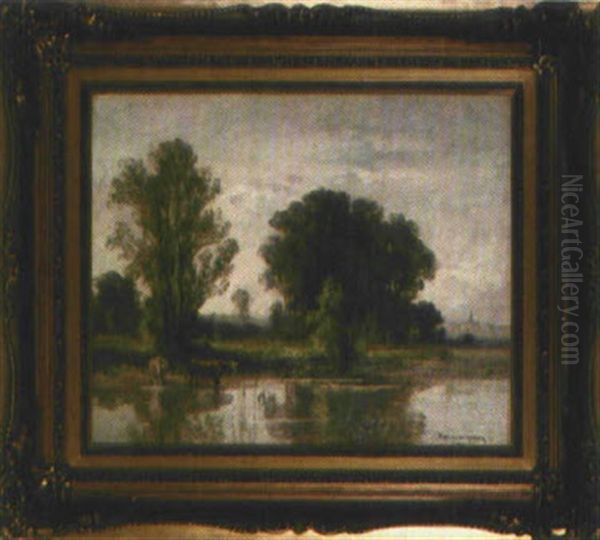 Hirte Mit Kuhen Am Weiher Oil Painting by Fritz Halberg-Krauss
