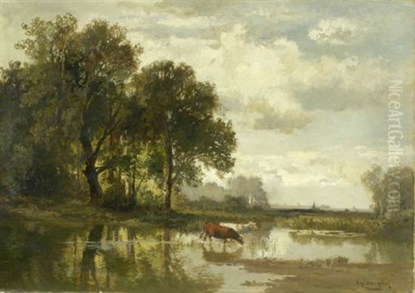 Flusslandschaft Mit Kuhen, In Der Ferne Eine Stadt Oil Painting by Fritz Halberg-Krauss