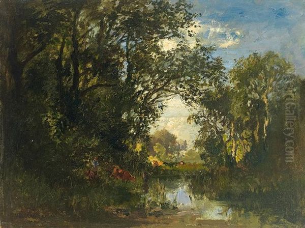 Waldlandschaft Mit Teich Und Kuhen An Der Tranke Oil Painting by Fritz Halberg-Krauss