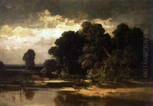 Kuhe An Der Tranke Oil Painting by Fritz Halberg-Krauss