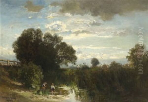 Spielende Kinder Bei Der Mitterndorfer Amperbrucke Oil Painting by Fritz Halberg-Krauss