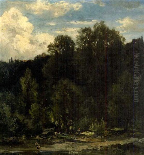 Badende An Einem Waldweiher Oil Painting by Fritz Halberg-Krauss
