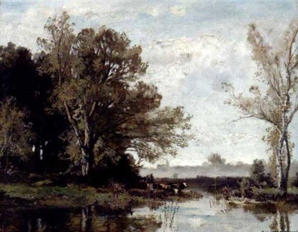 Kuhe Am Baumbestandenen Ufer Eines Sees Oil Painting by Fritz Halberg-Krauss