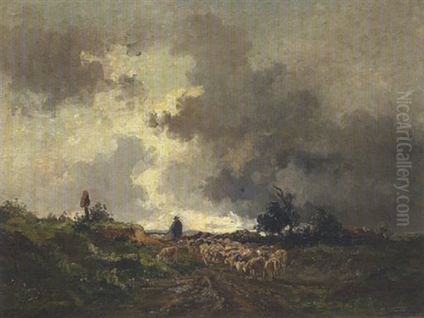 Schafer Mit Seiner Herde Oil Painting by Fritz Halberg-Krauss