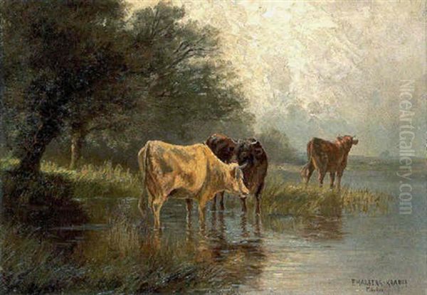 Kuhe Am Wasser Oil Painting by Fritz Halberg-Krauss