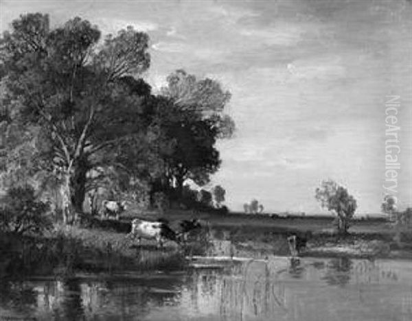 Kuhe Am Wasser Im Dachauerland Oil Painting by Fritz Halberg-Krauss