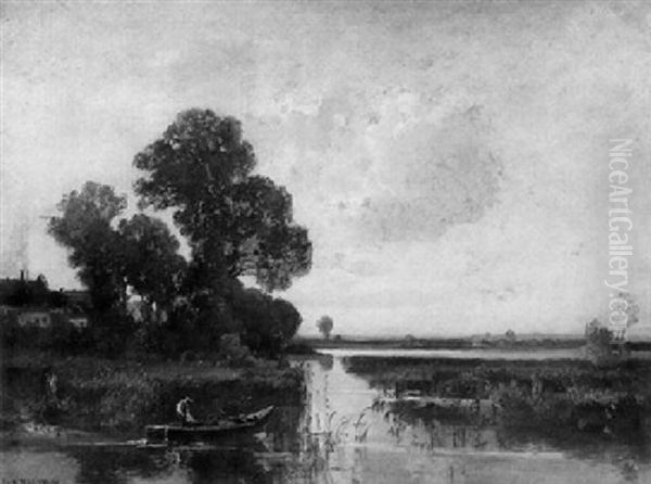 Fischer Im Nachen Auf Dem Stillen Weiher Oil Painting by Fritz Halberg-Krauss