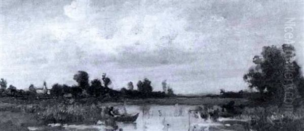 Fischer In Einem Kahn Im Murmauer Moos Bei Aufziehendem     Unwetter Oil Painting by Fritz Halberg-Krauss