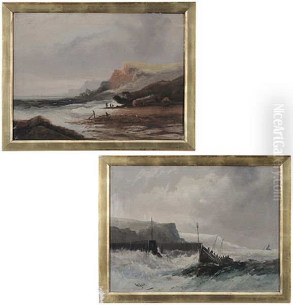 Rescue Boat In Rough Seas And Figures On Shore (2 Works) Oil Painting by William Matthew Hale