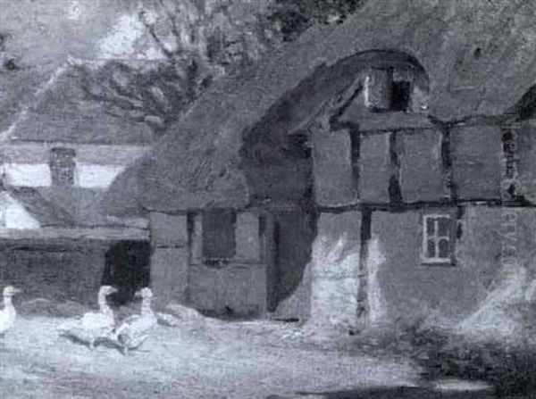 Geese By A Thatched Cottage Oil Painting by Frederick Hall