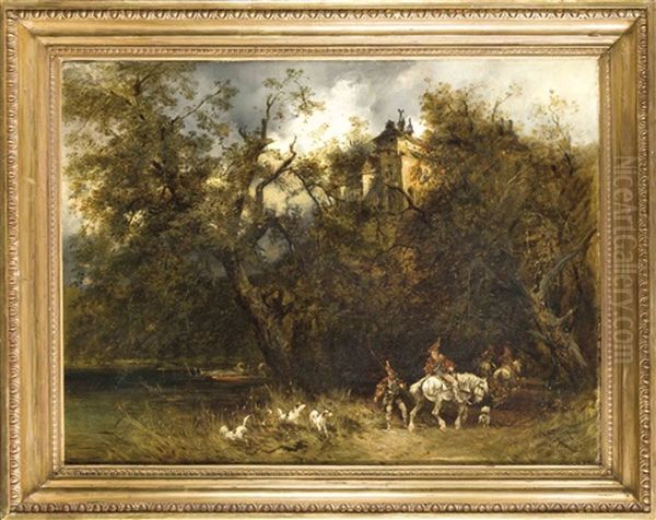 Grose Waldlandschaft Zu Fusen Einer Burganlage Mit Jagern, Begleitet Von Einer Meute Jagdhunde Oil Painting by Emil Hallatz