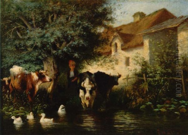 Knabe Mit Kuhen Am Weiher Oil Painting by Emil Hallatz