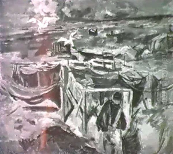 Kustlandskap Med Batar Och Byggnadsarbetare Oil Painting by Eric C. Hallstroem