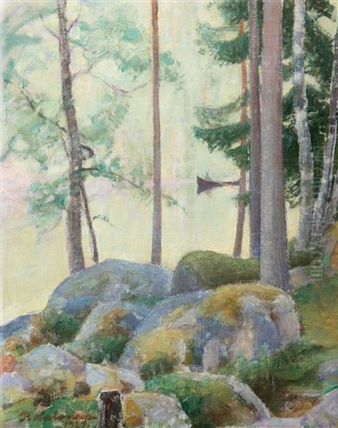 A Lake Landscape Oil Painting by Pekka Halonen