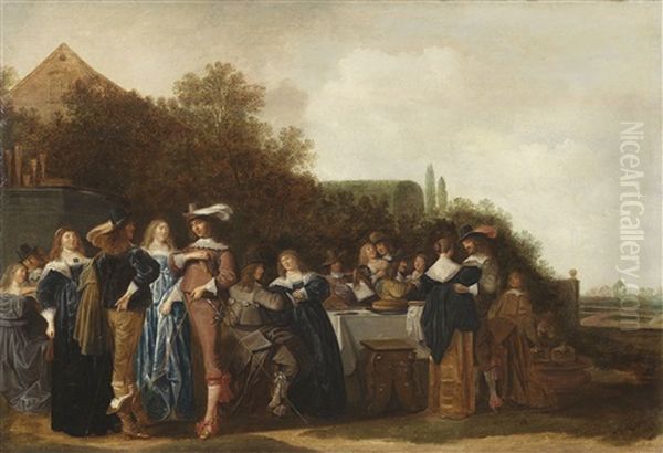 Hofische Gesellschaft Im Freien, Rechts Blick In Einen Barockgarten Oil Painting by Dirck Hals