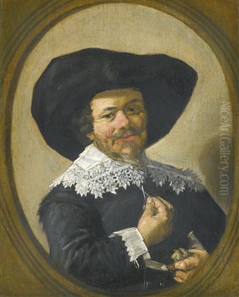 Portrait Of Gentleman With A Moustache, Half-length, Wearing A Black Broad-rimmed Hat And A White Ruff, Holding A Pair Of Gloves Oil Painting by Frans Hals