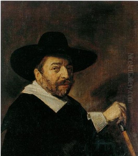 Portrait Of A Man Dressed In Black With A White Collar And Cuffs And Holding A Silver-topped Cane Oil Painting by Frans Hals