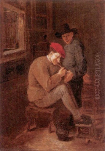A Peasant Interior With A Man Lighting A Clay Pipe, Another Figure Standing Beside Him Oil Painting by Harmen Hals