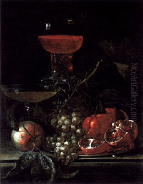 Stilleben Mit Weintrauben, Einem Granatapfel Und Zwei Gefullten Weinglasern Oil Painting by Johann Baptist Halszel