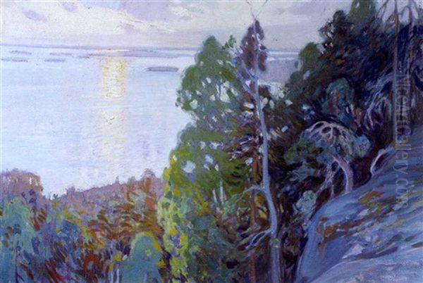 Aurinko Laskee Yli Jarven Oil Painting by Vaeinoe Haemaelaeinen