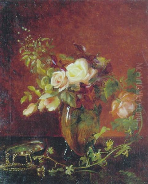 Opstilling Med Roser I En Vase Og Smykker Pa Et Bord Oil Painting by Julie Caroline Hamann