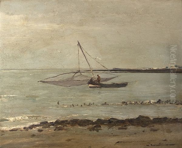 Fishing Boat At The North Sea Oil Painting by Wilhelm Hambuechen