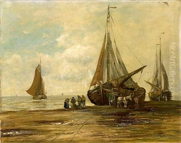 Unloading The Catch, Katwijk Oil Painting by Wilhelm Hambuechen