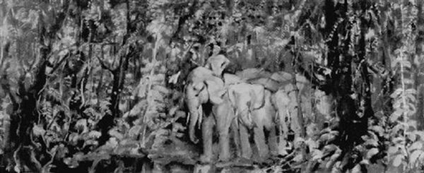 Elephants Oil Painting by Jacobus Gerardus Hamel