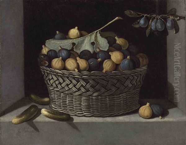 A Basket Filled With Black And White Figs In A Sculpted Niche With Cucumbers And Prunes Oil Painting by Juan Van Der Hamen Y Leon