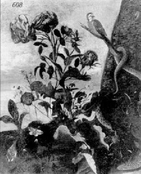 A Finch, Snake, Butterfly And Spring Flowers In Landscape Oil Painting by Carl Wilhelm de Hamilton