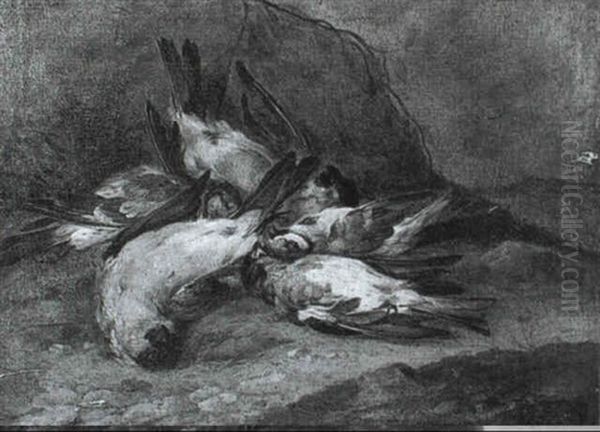 A Still Life Of Dead Song Birds, Including A Bullfinch, A   Robin And A Blue Tit, In A Landscape Oil Painting by Carl Wilhelm de Hamilton