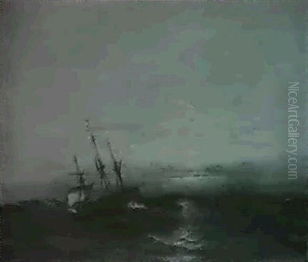 Ships On High Seas At Sunset Oil Painting by James Hamilton
