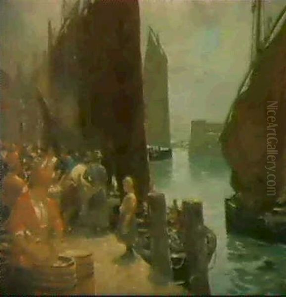 Fisherfolk On The Quay, Banff Oil Painting by James Whitelaw Hamilton