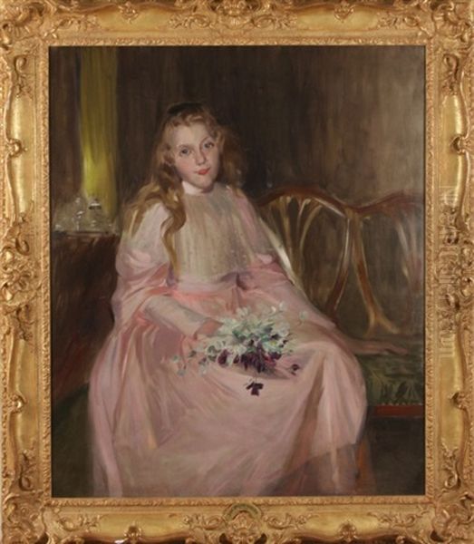 Girl In Pink Dress Holding Flowers Oil Painting by John McClure Hamilton