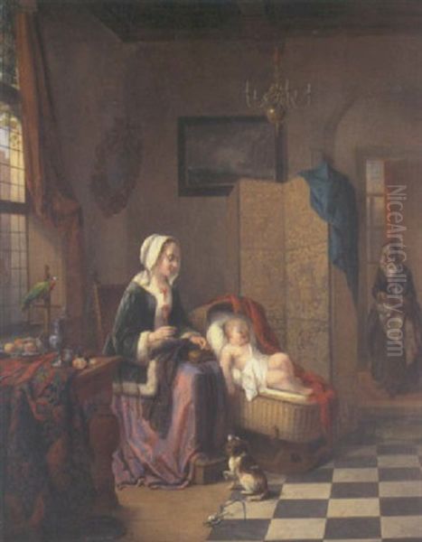 Mother And Child In An Interior Oil Painting by Alexis van Hamme
