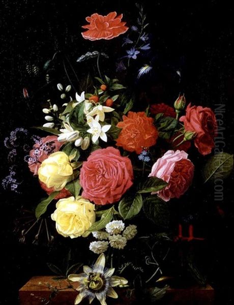 A Still Life With A Vase Of Roses, Iris, Queen Anne's Lace, Fuchsia, Honeysuckle And A Poppy On A Marble Table Oil Painting by William Hammer