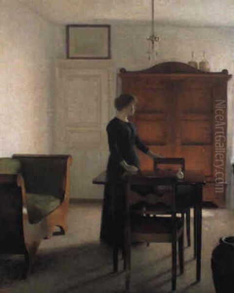 Stue, Til Venestre En Sofa Med Gr+nligt Betr+k. . . Oil Painting by Vilhelm Hammershoi