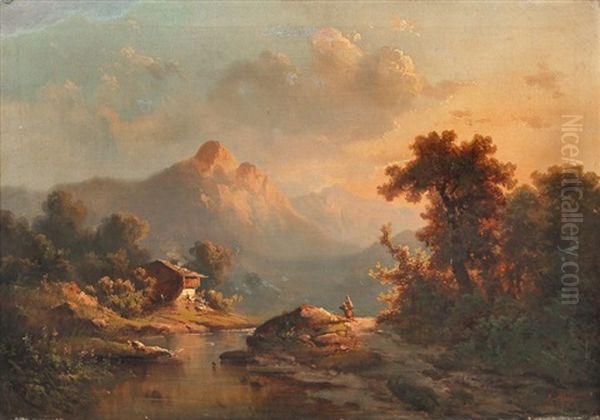 Gebirgsbach Mit Bauernhaus Im Abendlicht Oil Painting by Guido Hampe