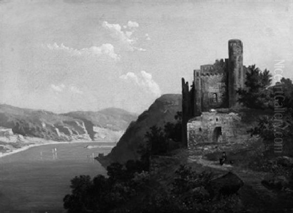 Rheinansicht Mit Burgruine Oil Painting by Guido Hampe